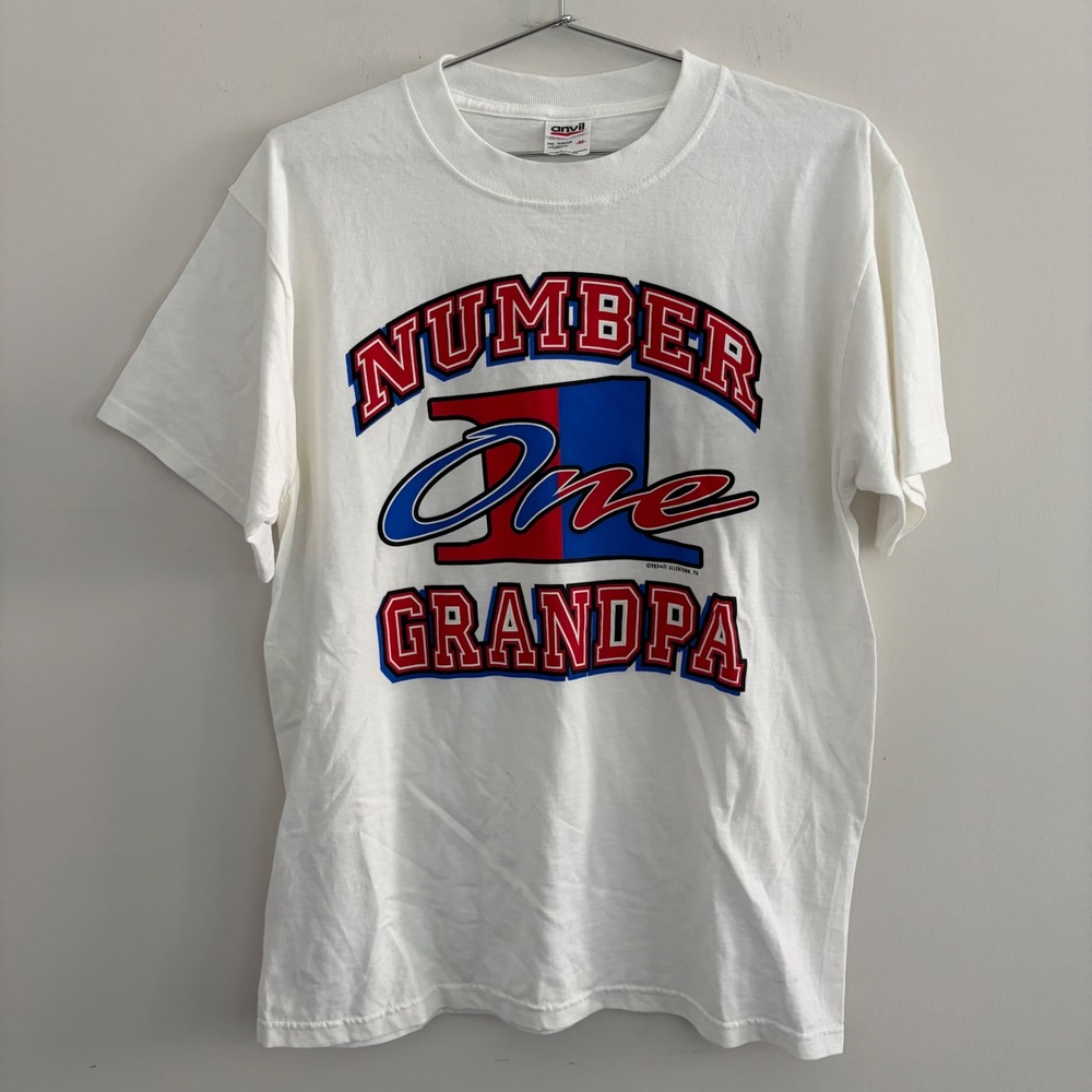 Anvil Number One Grandpa Vintage White T-Shirt Mens Medium Graphic Tee 90s